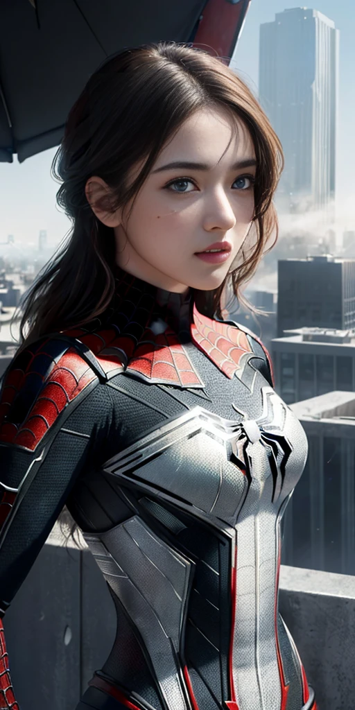 (1girl:1.3), Solo, (((Very detailed face)))), ((Very detailed eyes and face)))), Beautiful detail eyes, Body parts__, Official art, Unified 8k wallpaper, Super detailed, beautiful and beautiful, beautiful, masterpiece, best quality, original, masterpiece, super fine photo, best quality, super high resolution, realistic realism, sunlight, full body portrait, amazing beauty, dynamic pose, delicate face, vibrant eyes, (from the front), She wears Spider-Man suit, red and black color scheme, spider, very detailed city roof background, rooftop, overlooking the city, detailed face, detailed complex busy background, messy, gorgeous, milky white, highly detailed skin, realistic skin details, visible pores, clear focus, volumetric fog, 8k uhd, DSLR, high quality, film grain, fair skin, photo realism, lomography, futuristic dystopian megalopolis, translucent