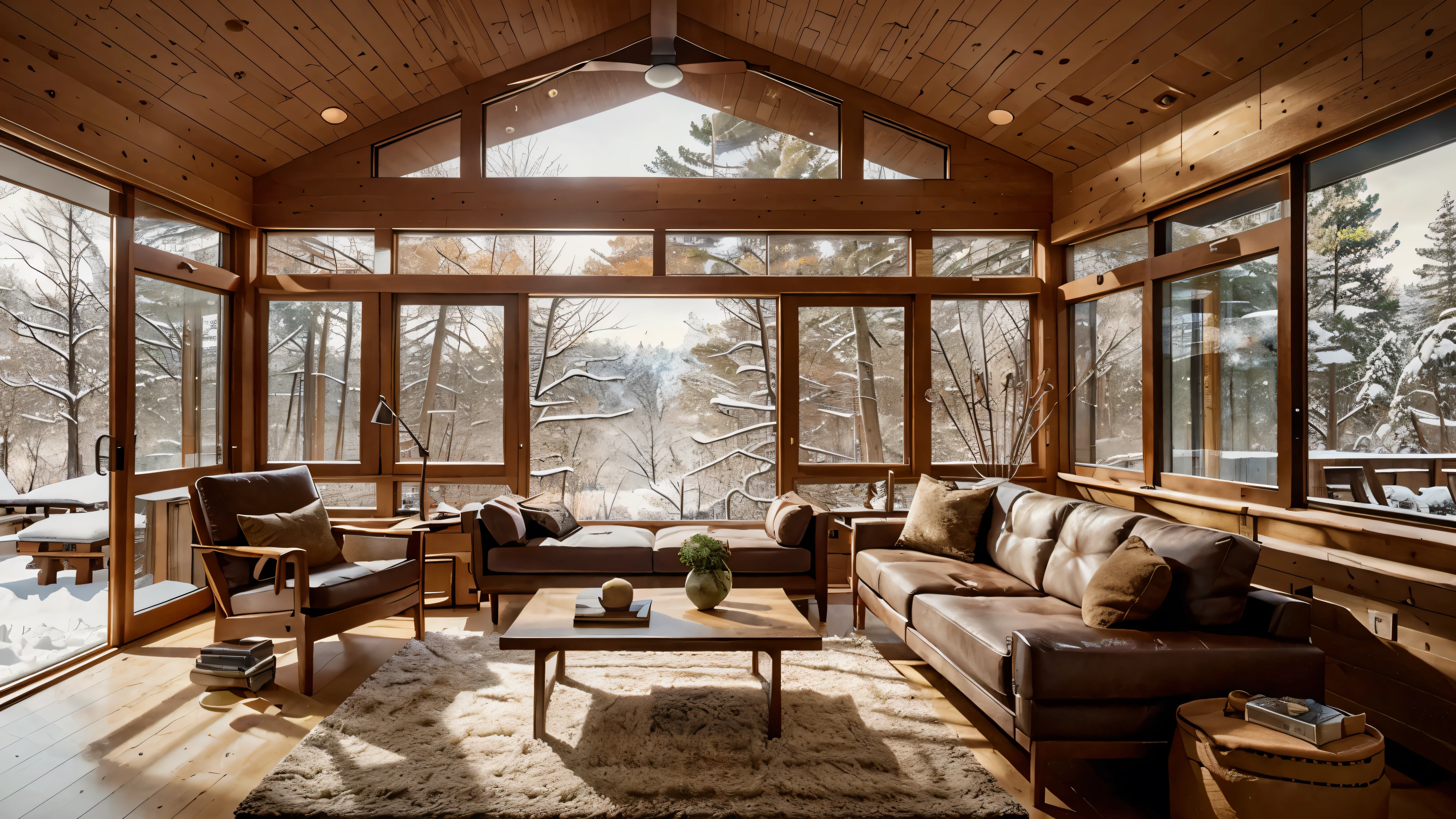 In a serene snow-clad winter morning ambiance, a modern living room is illuminated with an organic and natural layout, evoking a harmonious cabin core design with Japanese inspirations. The living space boasts bookshelves, inviting benches, a cozy fireplace, and large windows, all executed with meticulous designs and enameled surfaces. The enchanting video is rendered in the V-Ray drawing style, exhibiting a subtle brightness that brings warmth and tranquility to the scene. The intricate detailing and 4K resolution capture the video in its finest quality, providing an immersive experience for the viewer. The video is designed to elicit a sense of tr