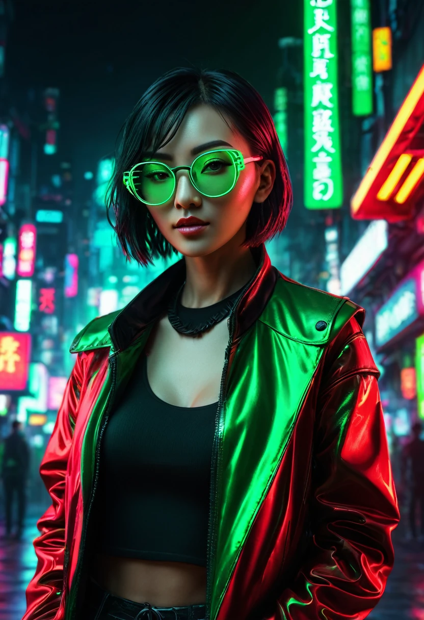 Cyberpunk Background，Neon，A woman wearing red and green national trend style，抗着Neon，Wear round glasses，High Definition Rendering