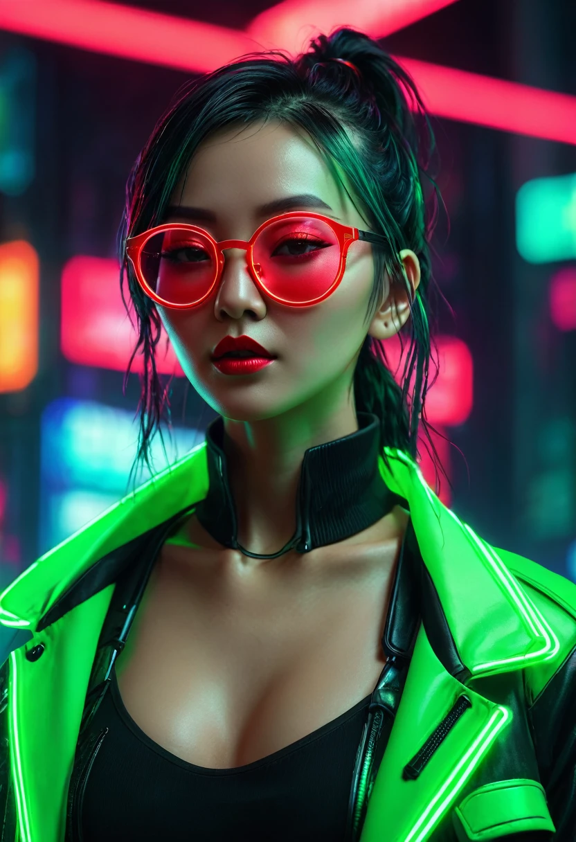 Cyberpunk Background，Neon，A woman wearing red and green national trend style，抗着Neon，Wear round glasses，High Definition Rendering