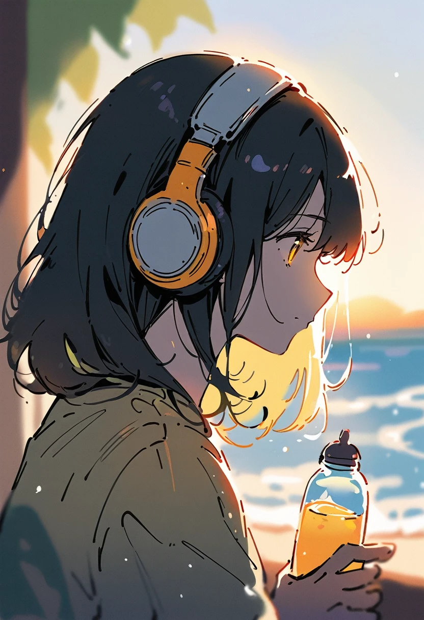 (blurry background:1.3), (extremely detailed fine touch:1.3), (hard light, studio light, light rays, dappled light, reflection, shadows, ray tracing:1.0), watercolor, (rough sketch:1.3), (2D:1.3), ///, kawaii girl, A girl with short black hair and a black cat looking out at the sea, (((yellow glasses:1.3))), underrim, (headphones:1.2), a drink in a plastic bottle, and the sea sparkling in the setting sun, profile
