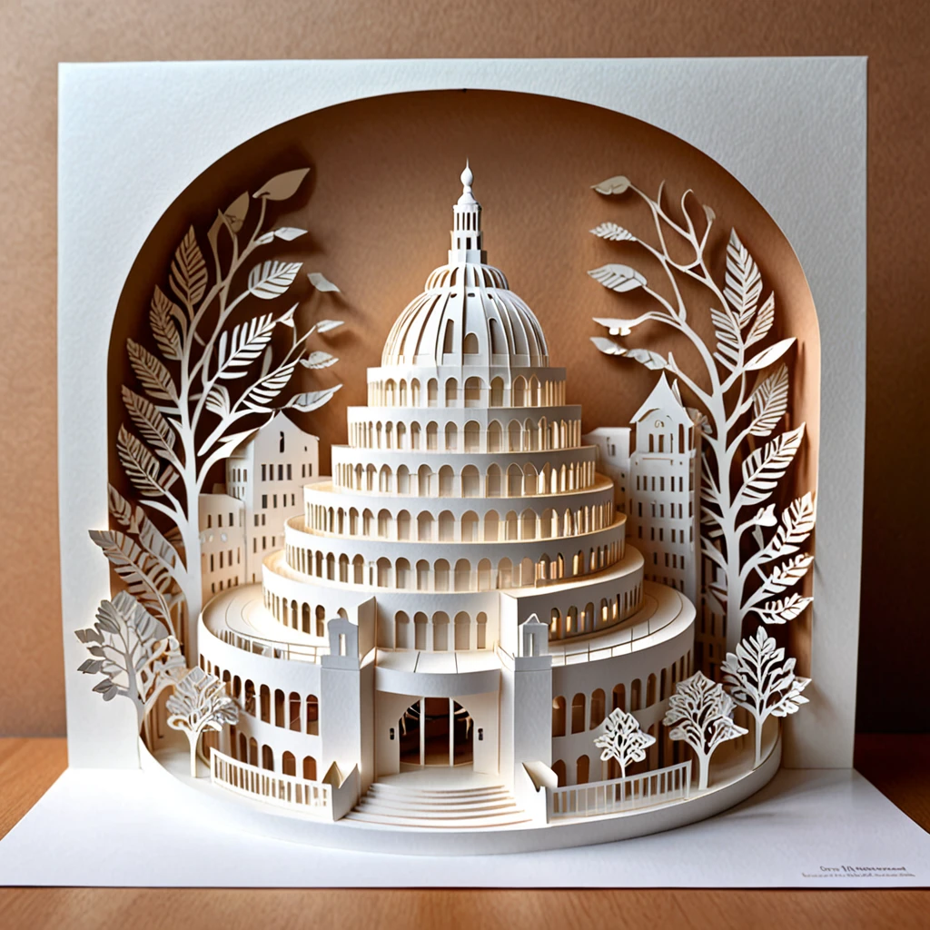 Create a detailed illustration of the Guggenheim Museum crafted from paper cutting. The museum should be intricately designed with fine, precise cuts to showcase its unique, spiral architecture. The paper should have a crisp, clean look with sharp edges and detailed patterns to highlight the building's distinctive features. Use soft, natural lighting to enhance the textures and shadows created by the paper cuts. The background can be simple, with a subtle gradient or plain color, to keep the focus on the paper-cut Guggenheim Museum. The overall atmosphere should be delicate and artistic, capturing the craftsmanship and beauty of paper art.