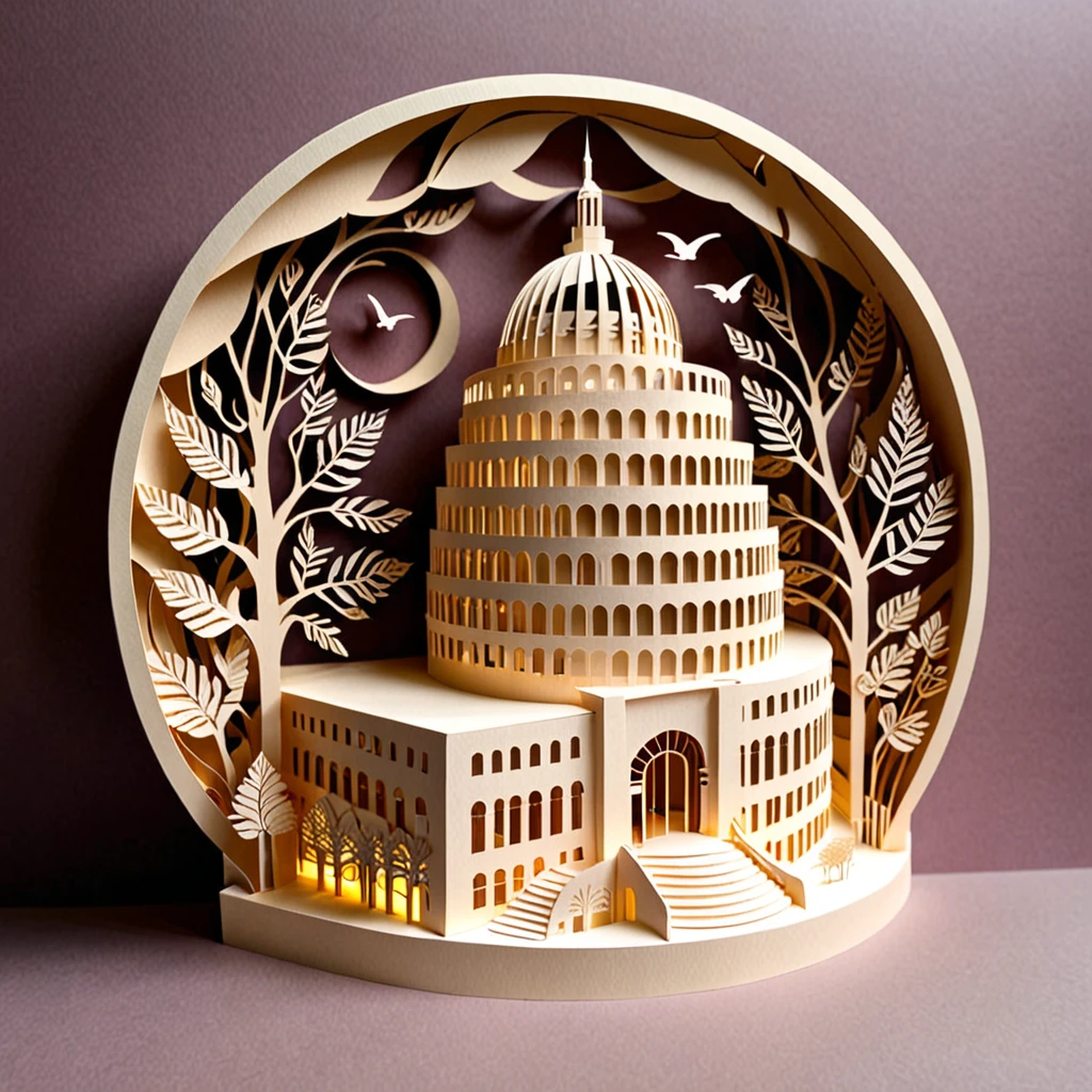 Create a detailed illustration of the Guggenheim Museum crafted from paper cutting. The museum should be intricately designed with fine, precise cuts to showcase its unique, spiral architecture. The paper should have a crisp, clean look with sharp edges and detailed patterns to highlight the building's distinctive features. Use soft, natural lighting to enhance the textures and shadows created by the paper cuts. The background can be simple, with a subtle gradient or plain color, to keep the focus on the paper-cut Guggenheim Museum. The overall atmosphere should be delicate and artistic, capturing the craftsmanship and beauty of paper art.