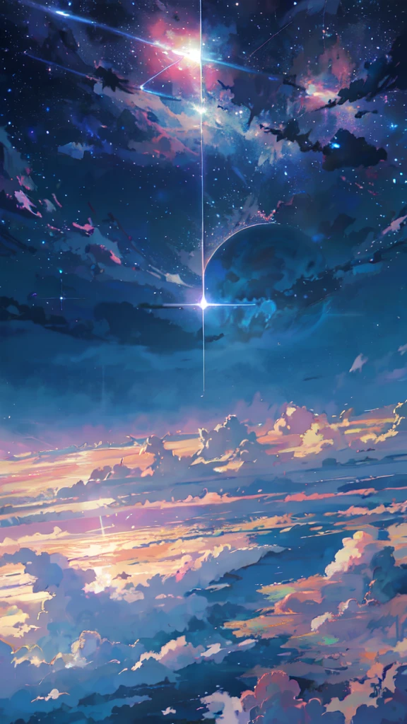 anime - style scene of a beautiful sky with a star and a planet, cosmic skies. by makoto shinkai, anime art wallpaper 4k, anime art wallpaper 4 k, anime art wallpaper 8 k, anime wallpaper 4k, anime wallpaper 4 k, 4k anime wallpaper, anime sky, amazing wallpaper, anime background, heaven planet in background, anime background art