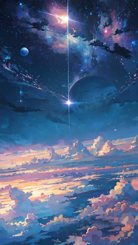 anime - style scene of a beautiful sky with a star and a planet, cosmic skies. by makoto shinkai, anime art wallpaper 4k, anime art wallpaper 4 k, anime art wallpaper 8 k, anime wallpaper 4k, anime wallpaper 4 k, 4k anime wallpaper, anime sky, amazing wallpaper, anime background, heaven planet in background, anime background art