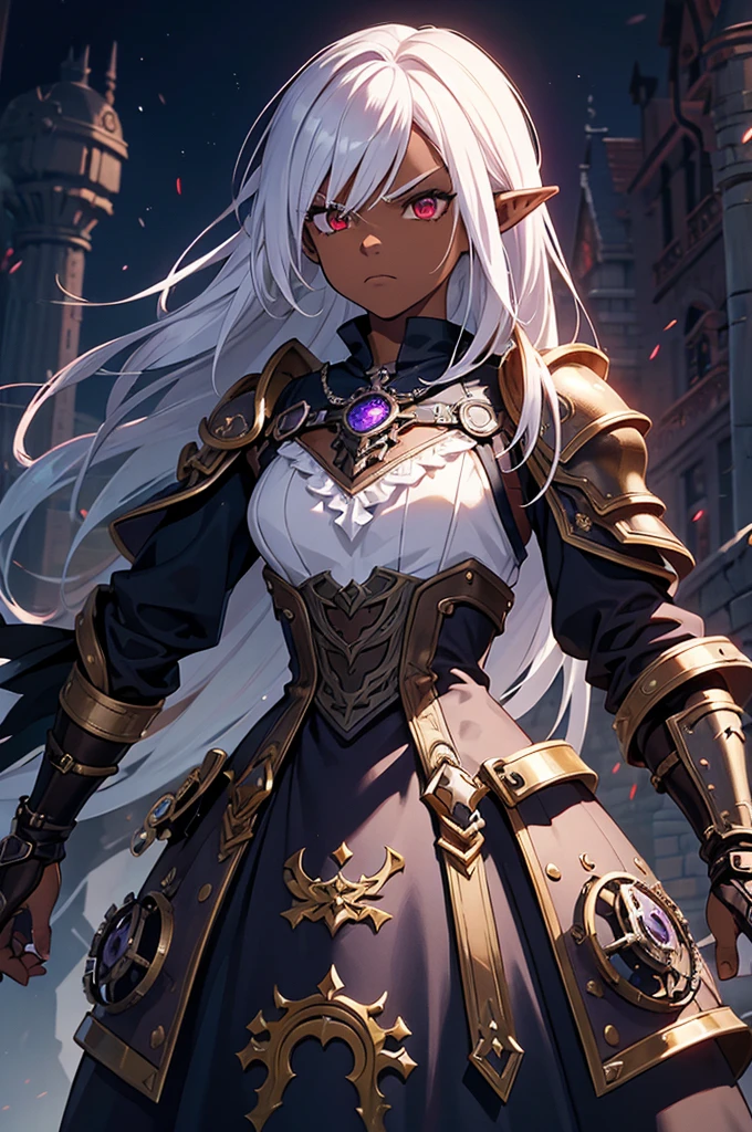 ((best quality)), ((masterpiece)), (detailed), ((boy)), ((mix between dungeonpunk and steampunk armor)), (serious), fantasy illustration, dark skinned, human, upper body, portrait, red eyes, long white hair, (wearing armor), Xemnas from Kingdom Hearts, half-drow, pointy ears, serious face, dramatic lighting, purple hue, art by Kinema Citrus and Tetsuya Nomura