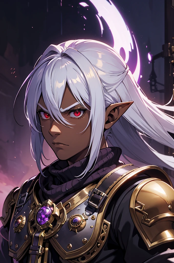 ((best quality)), ((masterpiece)), (detailed), ((boy)), ((mix between dungeonpunk and steampunk armor)), (serious), fantasy illustration, dark skinned, human, upper body, portrait, red eyes, long white hair, (wearing armor), Xemnas from Kingdom Hearts, half-drow, pointy ears, serious face, dramatic lighting, purple hue, art by Kinema Citrus and Tetsuya Nomura