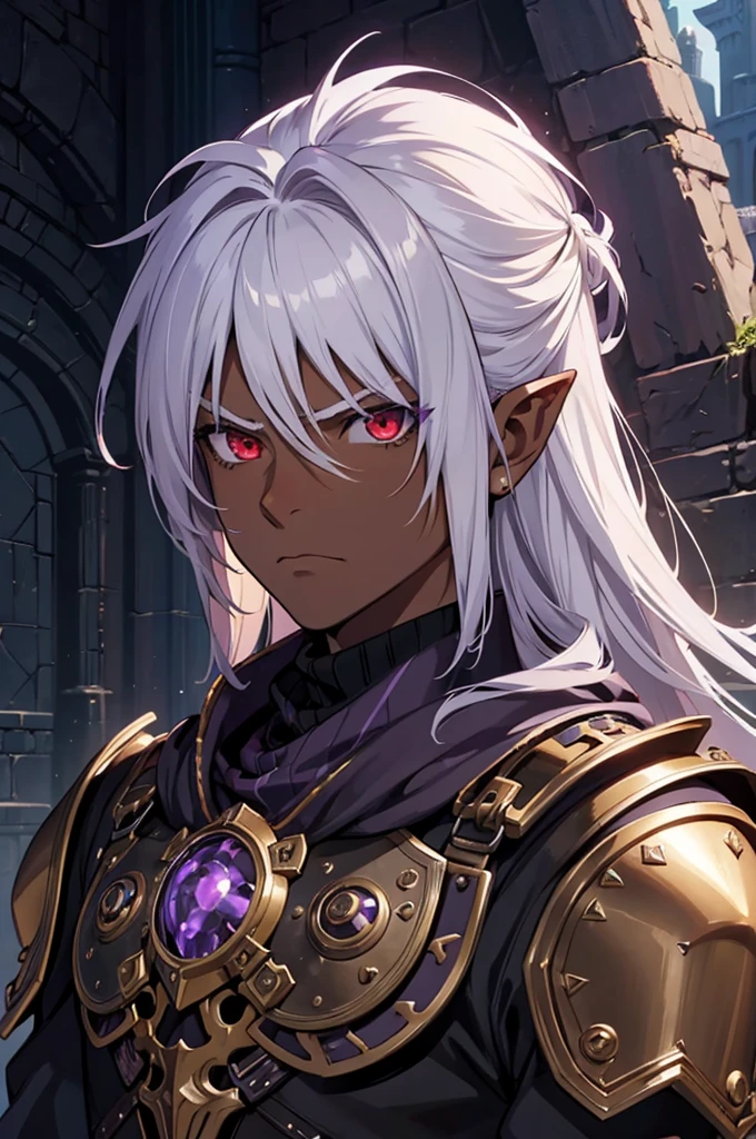 ((best quality)), ((masterpiece)), (detailed), ((boy)), ((mix between dungeonpunk and steampunk armor)), (serious), fantasy illustration, dark skinned, human, upper body, portrait, red eyes, long white hair, (wearing armor), Xemnas from Kingdom Hearts, half-drow, pointy ears, serious face, dramatic lighting, purple hue, art by Kinema Citrus and Tetsuya Nomura