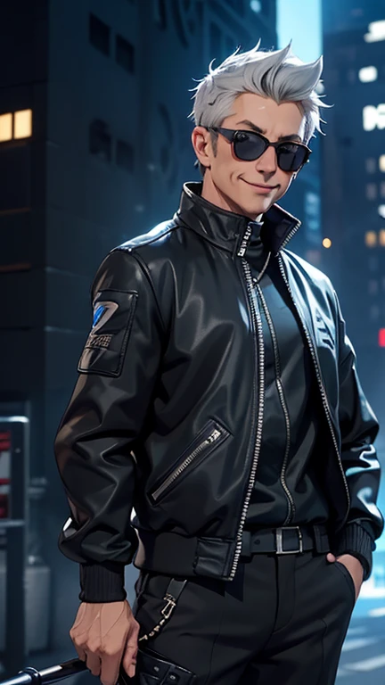 An anime man, dressed in black, black jacket zip up, Slick short grey hair, blue eyes, sunglasses, standing on top of a building smiling, dazzling blue light, Sparks of blue light circled the body, dynamic light effects, impressive aura, City background, full of building light,