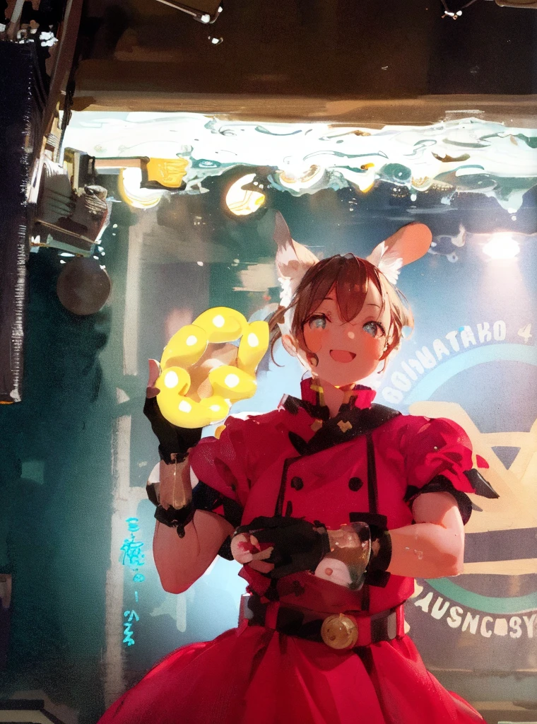 highest quality, 4K wallpaper, masterpiece, Highly detailed CG Unity 8k wallpaper, Very fine grain, Super detailed, Intricate details, Close-up of one happy girl in the center, Retro art style, neon_Pop Art Style, Public bath、Girl soaking in hot water、Dachshunds also enjoy bathing in hot water.、Duck Toy、steam、Cat ear、There is a poster、Mount Fuji painting、naked、Nipples、Small breasts、Small breasts、tits、Short girl、Pussy