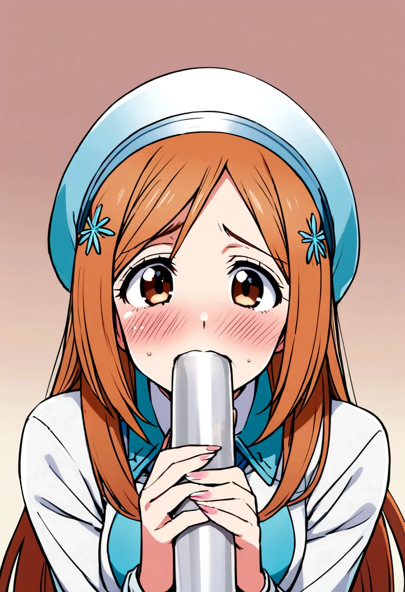 Inoue Orihime, shy face, doing blowjob at viewer, innocent face