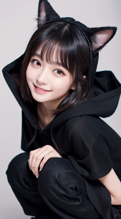 Best image quality、8K、Ultra-high resolution:1.5、Japanese、woman、smile、Delicate eyes、Sensitive face、Attractive face、Wearing a black hoodie with cat ears、Black Cape、tail、Black loose socks、Black Shoes、Short jeans、White clothes with frills、necklace