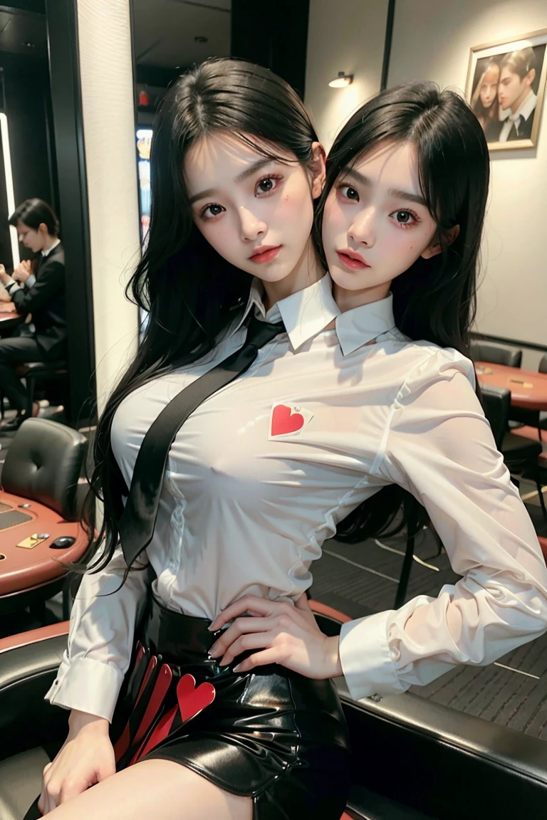 girl with、Golden mesh on black hair.、poker、Casino distributors、Dark casino、8k、dramatic cinema lighting、Holding two playing cards、White collared shirt、、a thin、18 years、Cold、Cold、castor、Put your hands on your hips、Go to this,Sit at a dark casino table、united_dicephalus, (Two heads:1.3)
