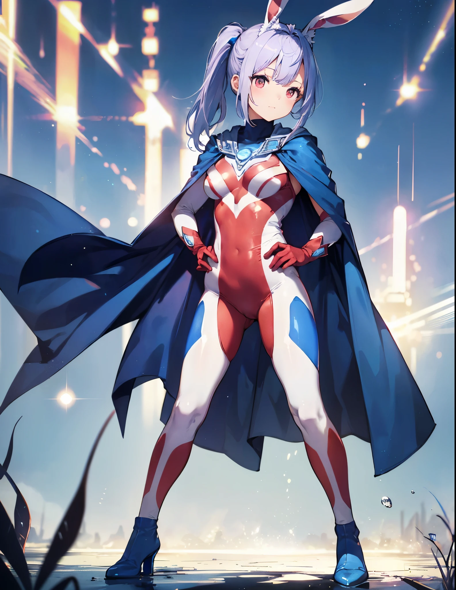 (Close-up:1.3),Realistic,Highest quality, Ultra Detail, High-quality CG rendering, The most delicate and beautiful, Floating softly, High resolution, (1 girl), (Highest quality,4K,8K,masterpiece:1.2) ,Light purple hair,Rabbit,(Bunny ears:1.5),(Very long ponytail:1.5),Red eyes,(Ultra Girl:1.0),(All blue Ultraman bodysuit:1.4),(All blue gloves:1.3),(All blue shoes:1.3),(Blue Cape:1.3), (Clenched Fist:1.2),(Place your hands on your hips:1.2)