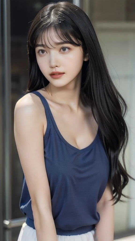 (lifelike, high - resolution:1.3), 1 girl with a perfect body, Super fine face and eyes,slong hair, Tank top of random colors:1.2, short skirt, big boob,Expose cleavage,