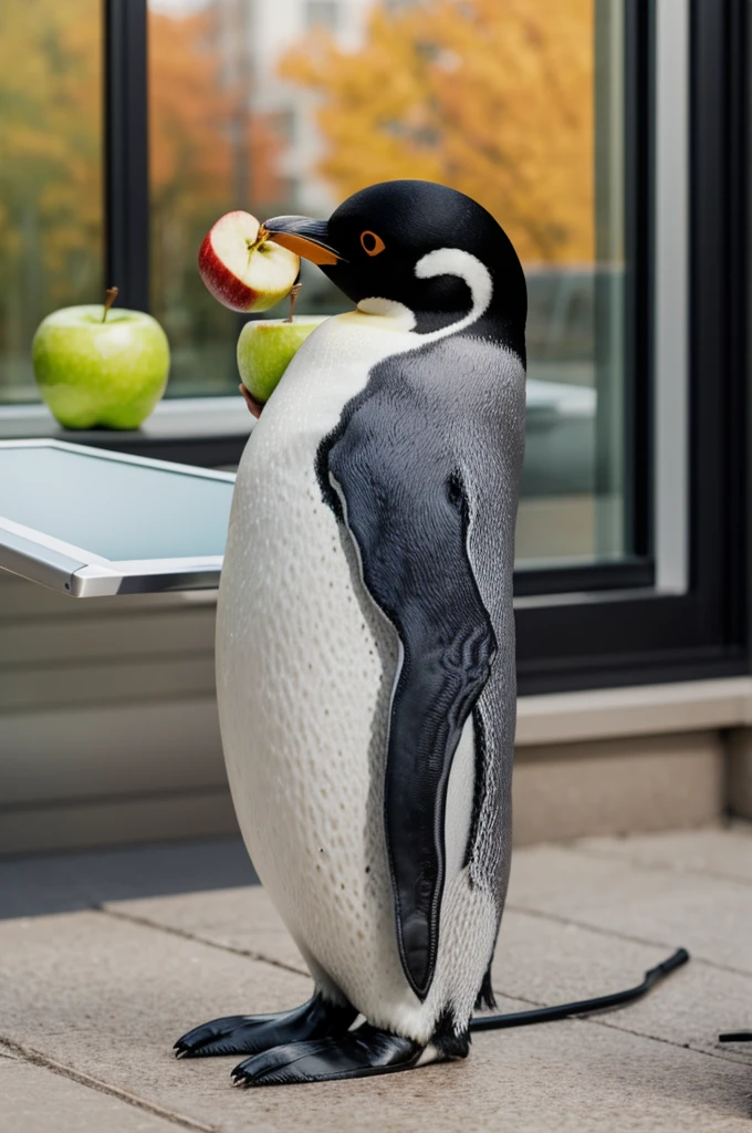 Linux penguin eating Apple apple and watching Windows screen 