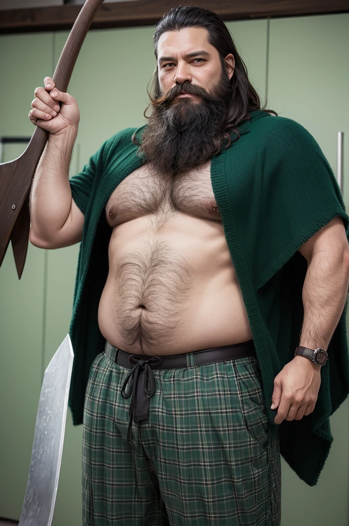 drawning, naughty man, Selling dark green poncho, plaid pants, Big ax in hands, full beard, 