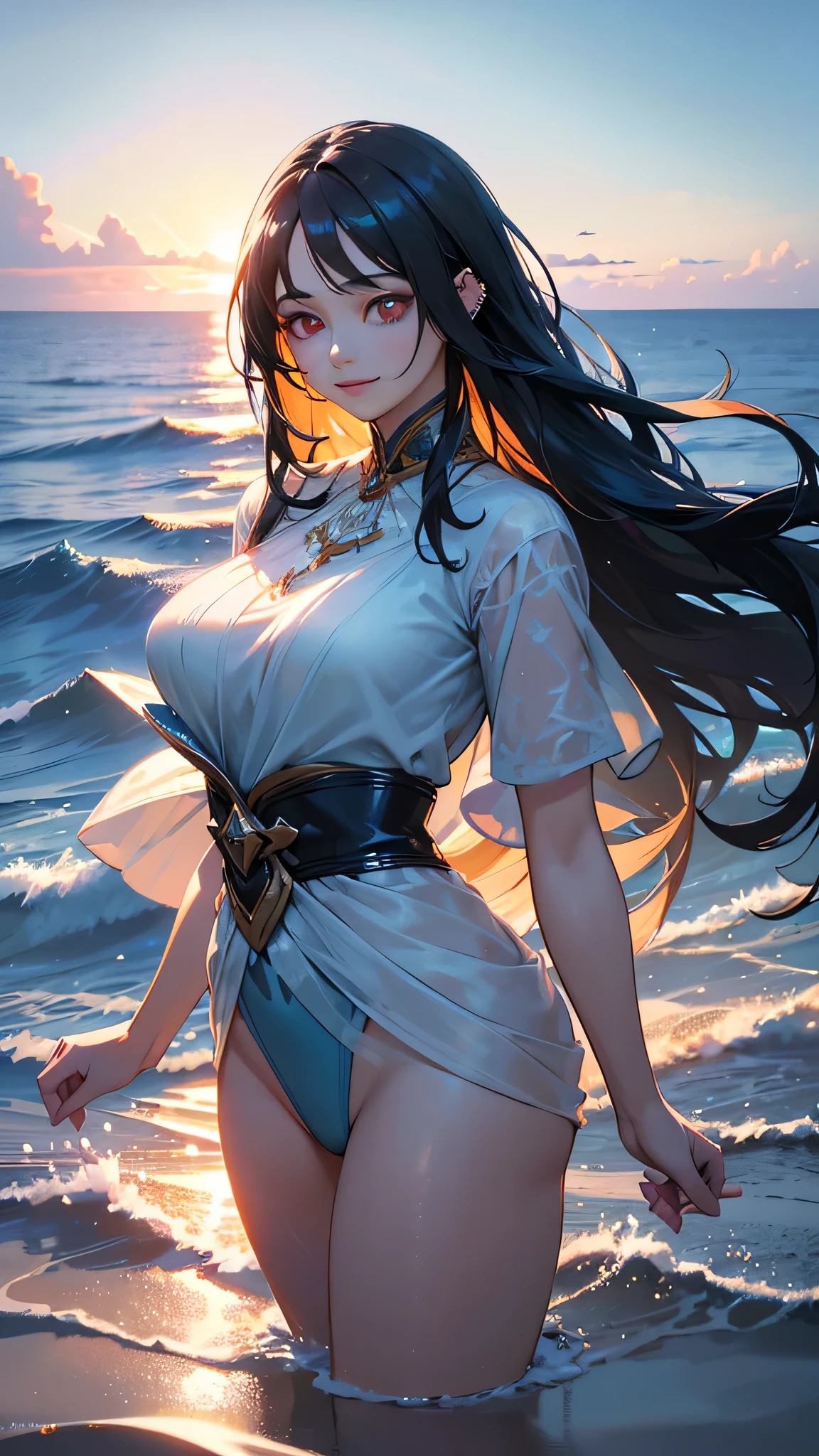 A beautiful young woman with long, flowing black hair and vibrant, piercing red eyes stands by the shore, gazing out at the vast, azure ocean and sky. Her expression is one of pure joy, a radiant smile that lights up her face. The scene is rendered in exquisite detail, with the sunlight glistening off the waves and the colors of the environment vivid and lifelike. This is a masterful, photorealistic depiction, showcasing the utmost care and attention to every nuance.

(best quality,8k,highres,masterpiece:1.2),ultra-detailed,(realistic,photorealistic,photo-realistic:1.37),1girl,black hair,red eyes,beautiful detailed eyes,beautiful detailed lips,extremely detailed face,longeyelashes,ocean,sky,blue sea,dramatic lighting,sunlight,glowing skin,joyful expression,serene,peaceful