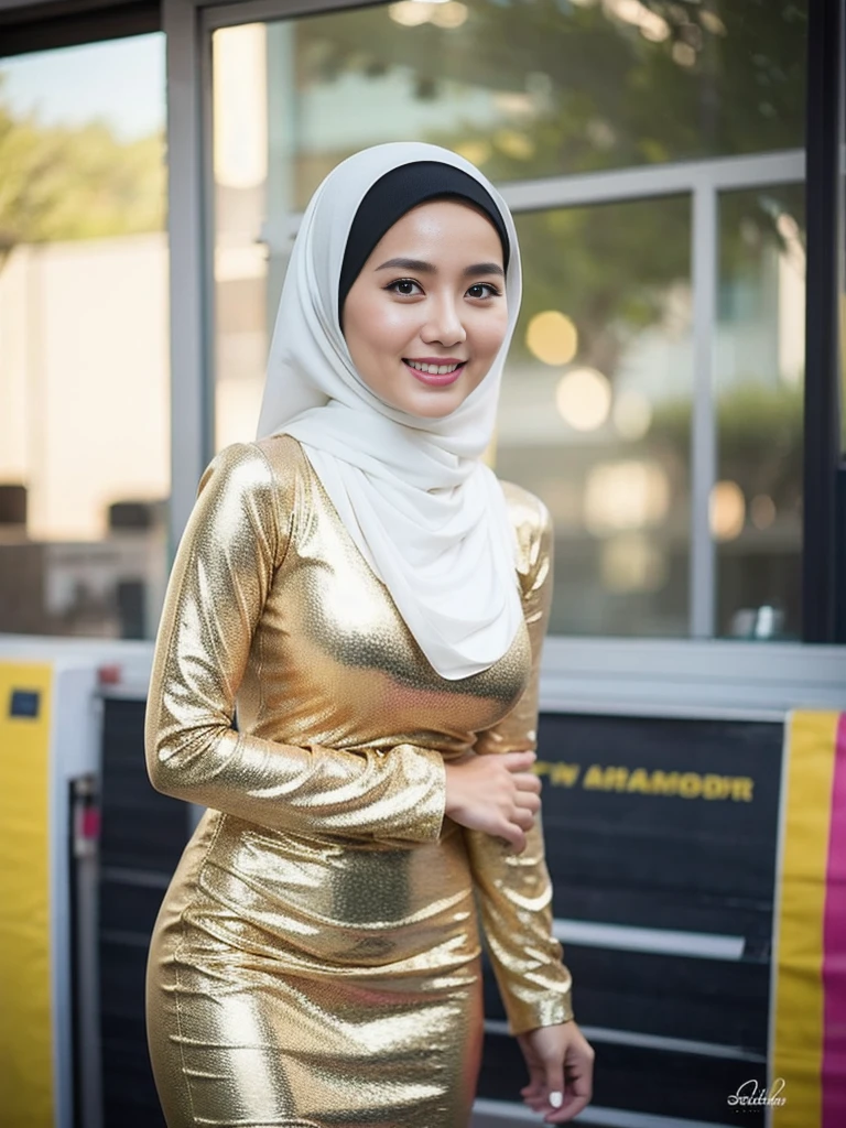 36 years Old, Hijab Indonesian mature woman, (hardware store), Slim body, tight long sleeve dress, Breast about To burst out, blur background, bokeh, smiling, elegant, detailed skin,
