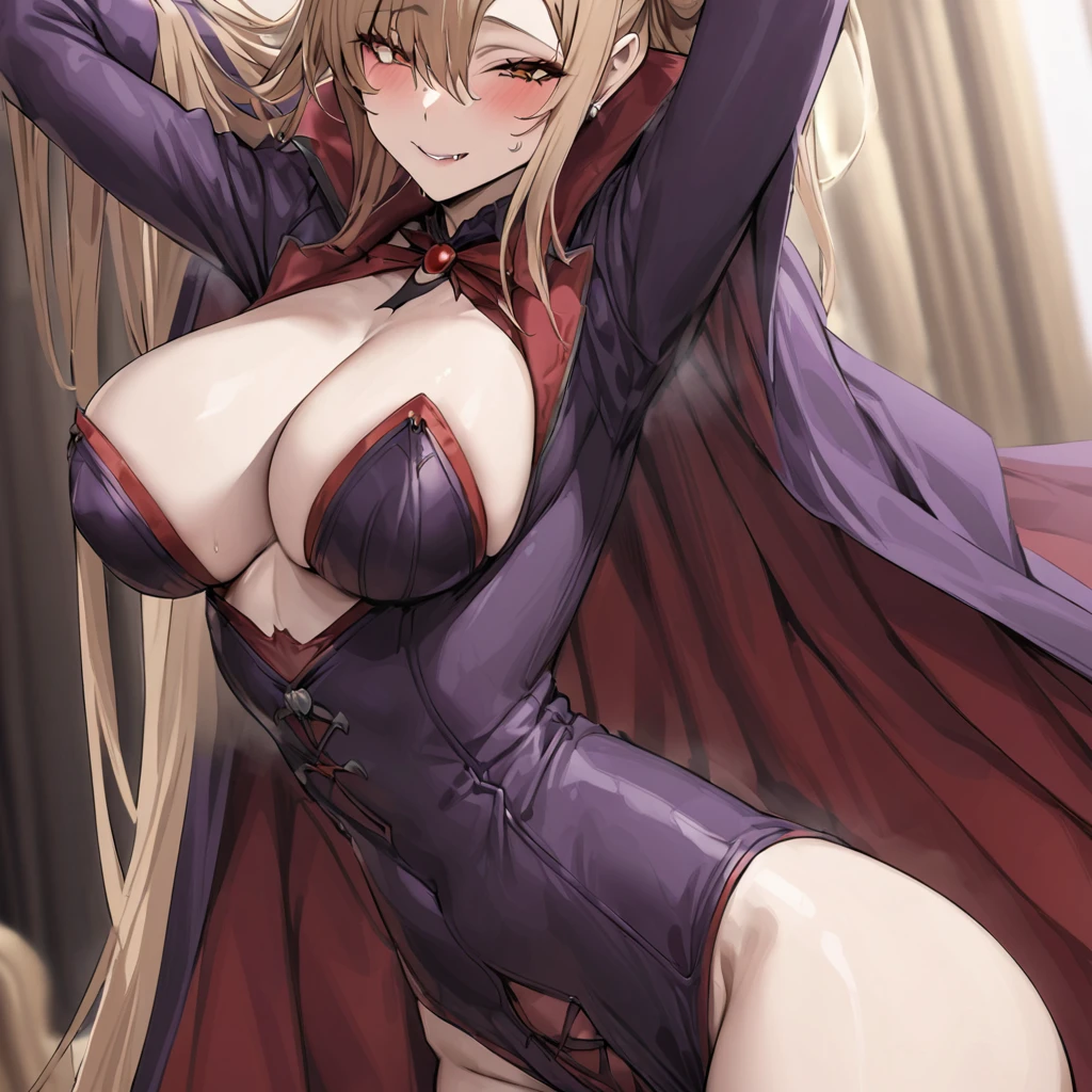 ((Highest quality)), ((masterpiece)), (detailed), （Perfect Face）、The woman is Yuuki Asuna, a vampire and Countess Dracula, with medium-long light brown hair and a Countess Dracula costume with a vampire cloak.、The woman is in a sexy pose with her arms behind her head and a gentle expression on her face.