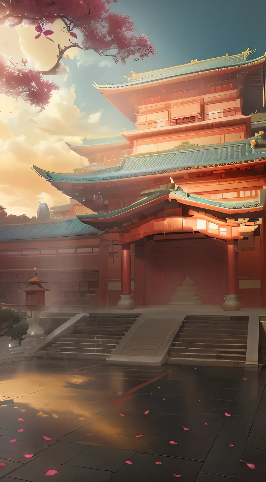 Anime scene:A building with a large courtyard and steps leading to the courtyard, Temple Background, anime background technology, Palace Background, background technology, Depicting the background of the temple, Anime Background, Anime Landscape concept art, zen Temple Background, Detailed scenery —width 672, Pagoda Figures, Anime Landscape, Dreamy Chinatown, Inspired by Border Guardians