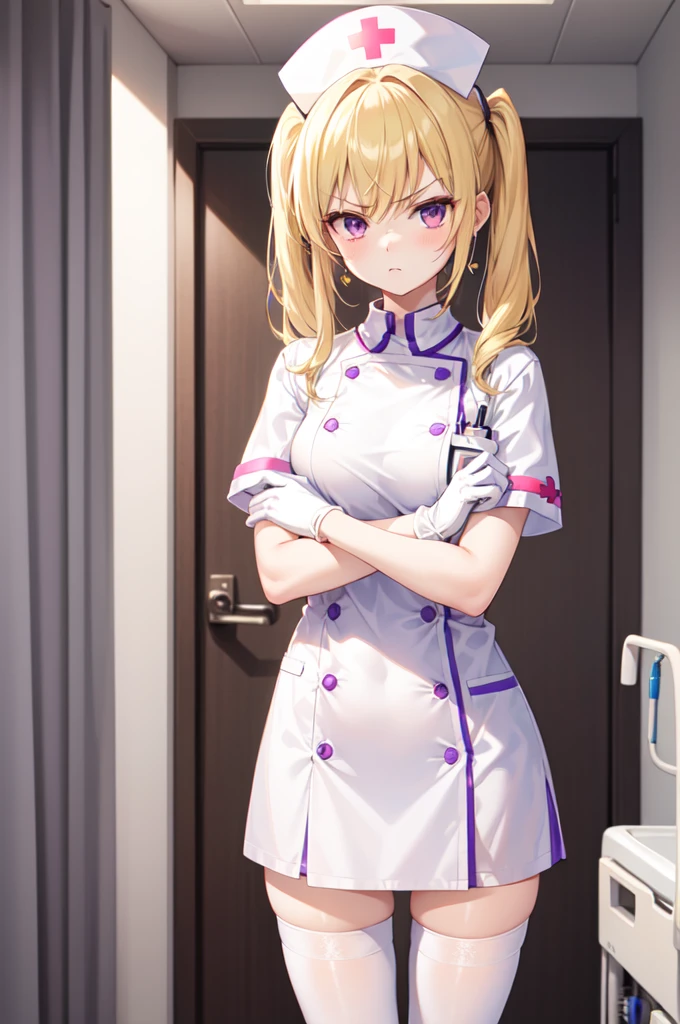 1girl, solo, nurse, nurse cap, white nurse uniform, ((white legwear, zettai ryouiki)), white gloves, twintails, yellow hair, purple eyes, angry, crossed arms, standing, ((hospital room)), sharp outline, short sleeves, best quality, masterpiece