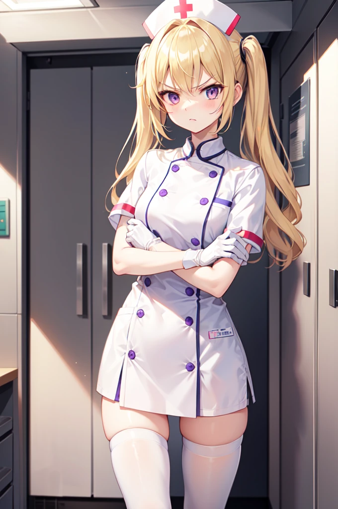 1girl, solo, nurse, nurse cap, white nurse uniform, ((white legwear, zettai ryouiki)), white gloves, twintails, yellow hair, purple eyes, angry, crossed arms, standing, ((hospital room)), sharp outline, short sleeves, best quality, masterpiece