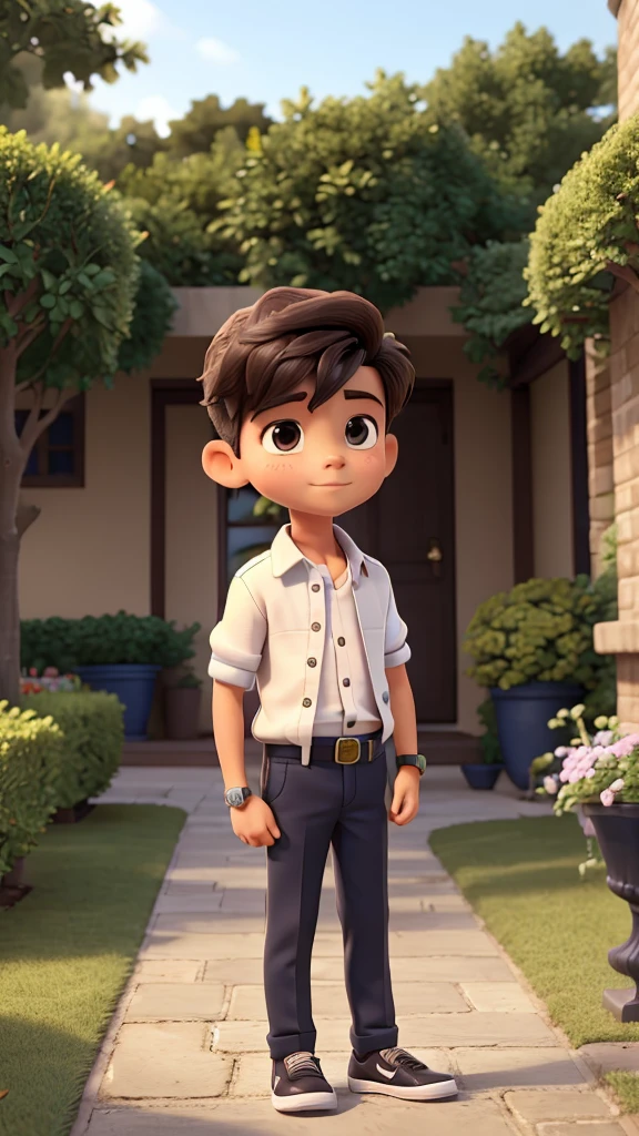A small boy ,5 feet ,handsome, stylish clothes,smart watch, nike shoes, stylish hair cutting ,in garden