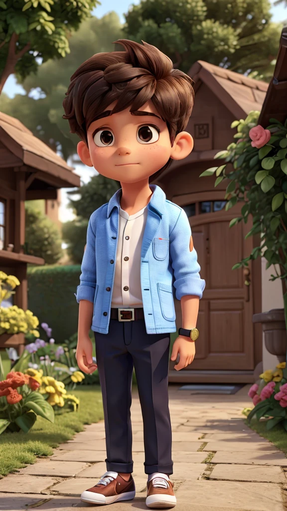 A small boy ,5 feet ,handsome, stylish clothes,smart watch, nike shoes, stylish hair cutting ,in garden