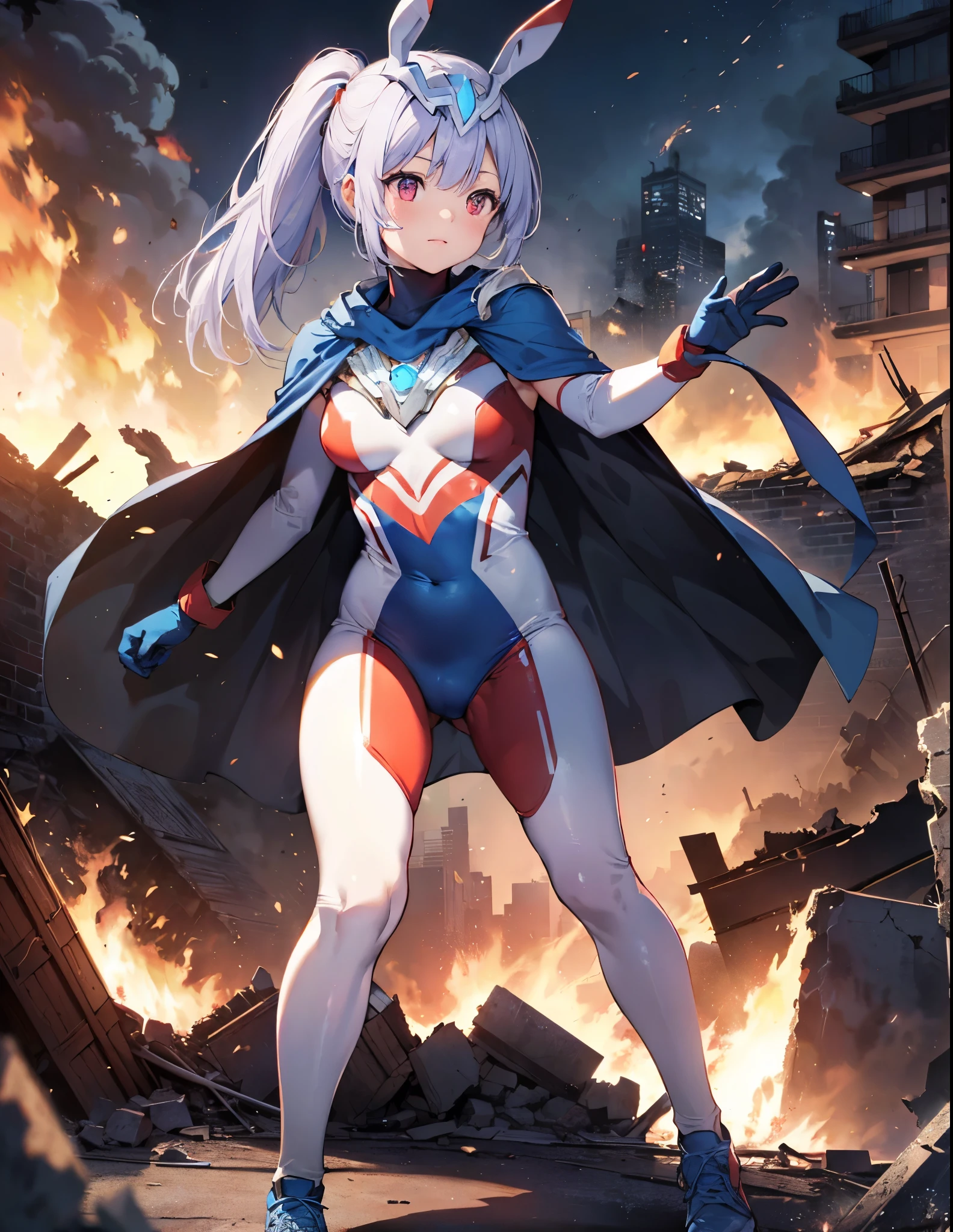 (Close-up:1.3),Realistic,Highest quality, Ultra Detail, High-quality CG rendering, The most delicate and beautiful, Floating softly, High resolution, (1 girl), (Highest quality,4K,8K,masterpiece:1.2) ,Light purple hair,Rabbit,Bunny ears,ponytail,Red eyes,(Ultra Girl:1.0),(All blue Ultraman bodysuit:1.4),(All blue gloves:1.3),(All blue shoes:1.3),(Blue Cape:1.3), (Fighting Pose:1.2), (Are standing:1.3),(A city engulfed in flames:1.3),(Buildings in flames:1.3),(Burning Ruins:1.3)