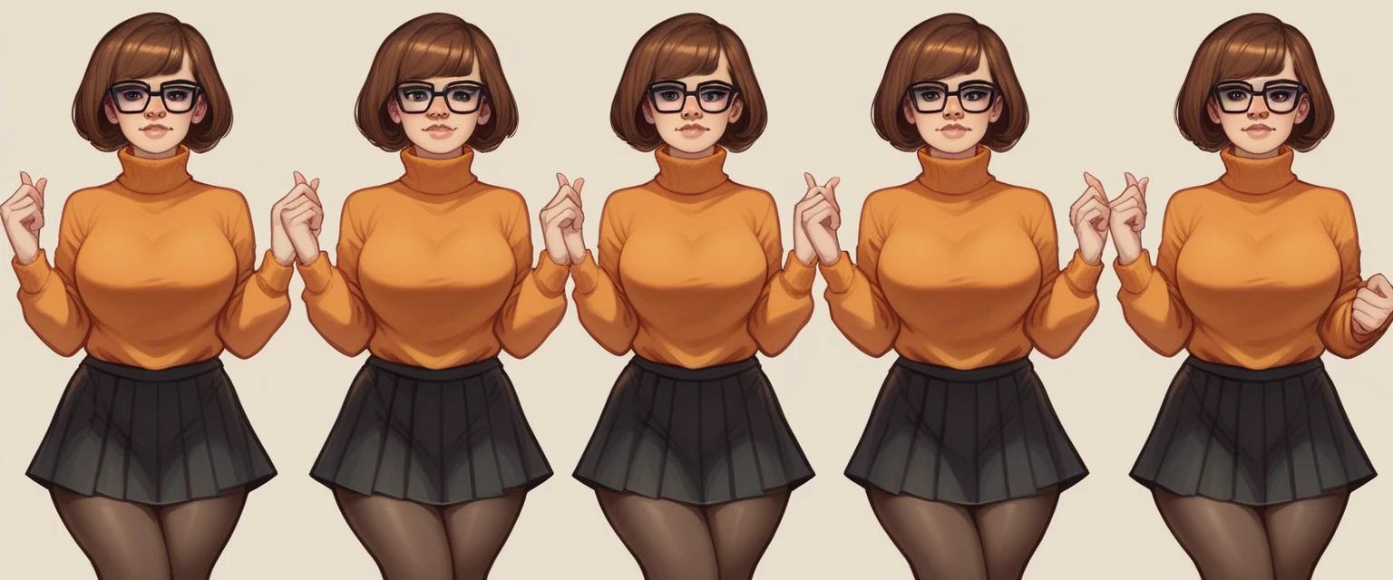 Woman miniskirt sweater, (Emma Watson:1.3) is a very sexy Velma dace dinkley, 1girl, large breasts, brown_eyes, brown bob cut, glasses, big breasts, lips, looking_at_viewer, orange turtleneck sweater, very tight orange sweater, short_hair, very tight turtleneck, orange turtleneck sweater, dark red pleated skirt, very short skirt, pleated red miniskirt, thicc, juicy hips, hourglass figure, facing viewer, pin up, thirst trap, cosplay, FULL DETAILED LONG PANTYHOSE