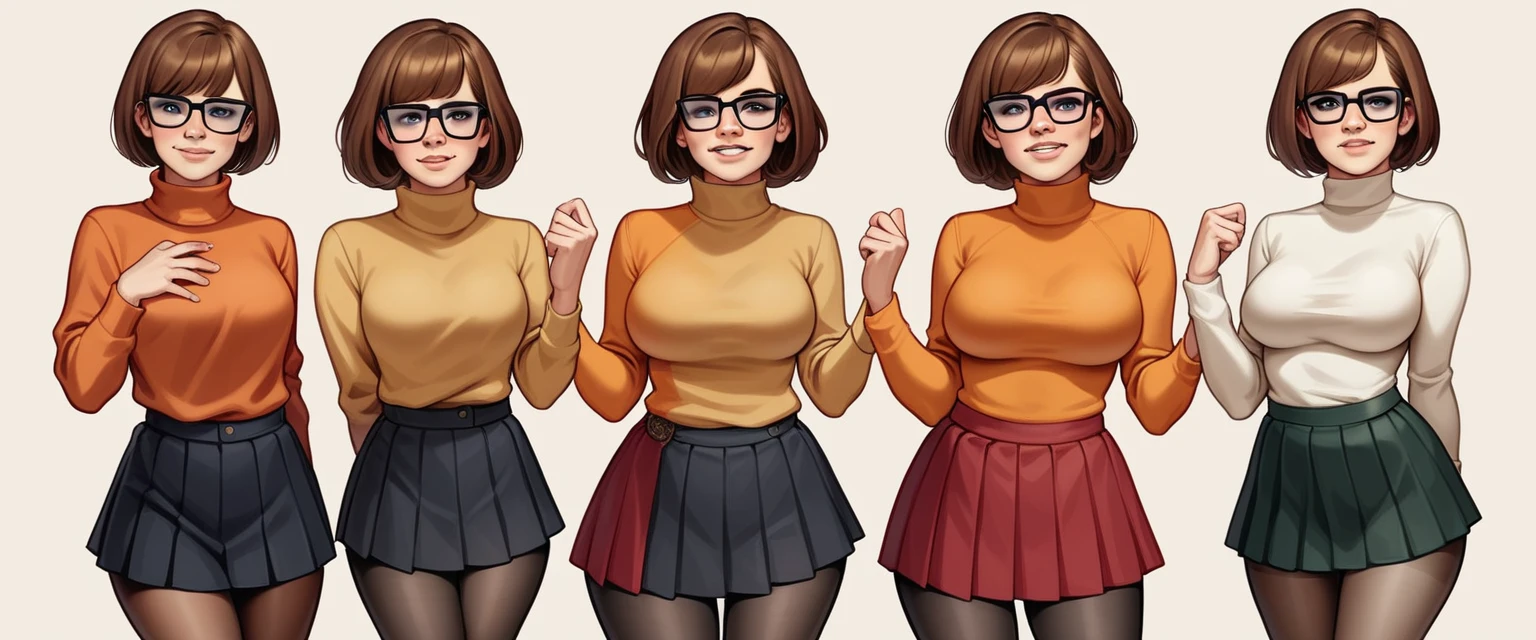 Woman miniskirt sweater, (Emma Watson:1.3) is a very sexy Velma dace dinkley, 1girl, large breasts, brown_eyes, brown bob cut, glasses, big breasts, lips, looking_at_viewer, orange turtleneck sweater, very tight orange sweater, short_hair, very tight turtleneck, orange turtleneck sweater, dark red pleated skirt, very short skirt, pleated red miniskirt, thicc, juicy hips, hourglass figure, facing viewer, pin up, thirst trap, cosplay, FULL DETAILED LONG PANTYHOSE