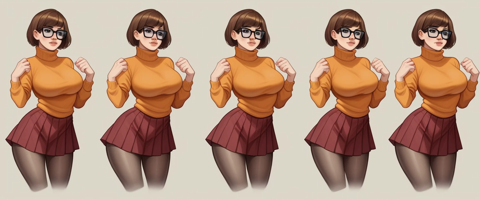Woman miniskirt sweater, (Emma Watson:1.3) is a very sexy Velma dace dinkley, 1girl, large breasts, brown_eyes, brown bob cut, glasses, big breasts, lips, looking_at_viewer, orange turtleneck sweater, very tight orange sweater, short_hair, very tight turtleneck, orange turtleneck sweater, dark red pleated skirt, very short skirt, pleated red miniskirt, thicc, juicy hips, hourglass figure, facing viewer, pin up, thirst trap, cosplay, FULL DETAILED LONG PANTYHOSE