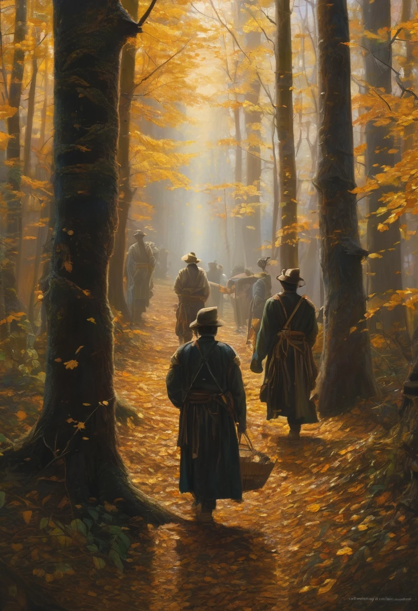 (Award-winning masterpiece:1.5), (incredible detail), (hyper realistic:1.4), (whole body:1.7), (four figures cautiously advancing through the forest), (lanterns creating small circles of flickering light), (uneven ground covered with dry leaves and exposed roots), (dark forest), (dramatic lighting), (intricate details:1.1)