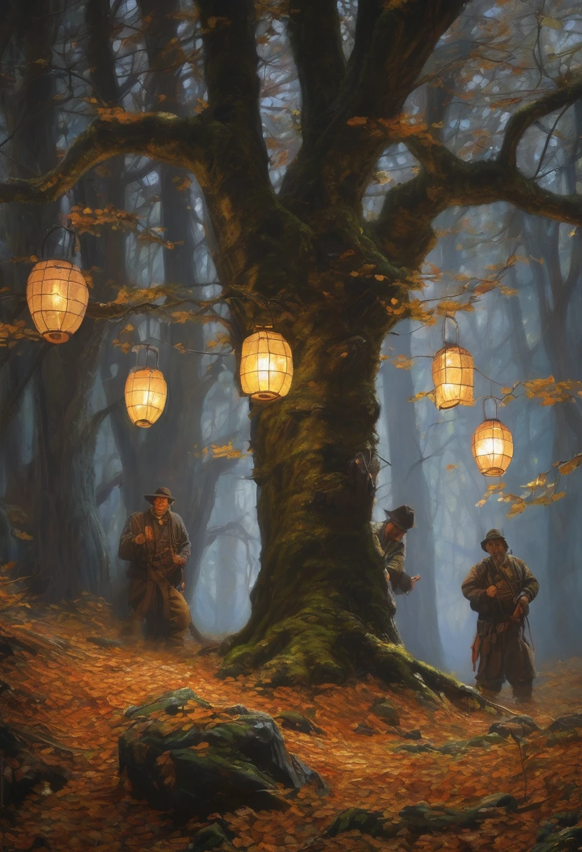 (Award-winning masterpiece:1.5), (incredible detail), (hyper realistic:1.4), (whole body:1.7), (four figures cautiously advancing through the forest), (lanterns creating small circles of flickering light), (uneven ground covered with dry leaves and exposed roots), (dark forest), (dramatic lighting), (intricate details:1.1)