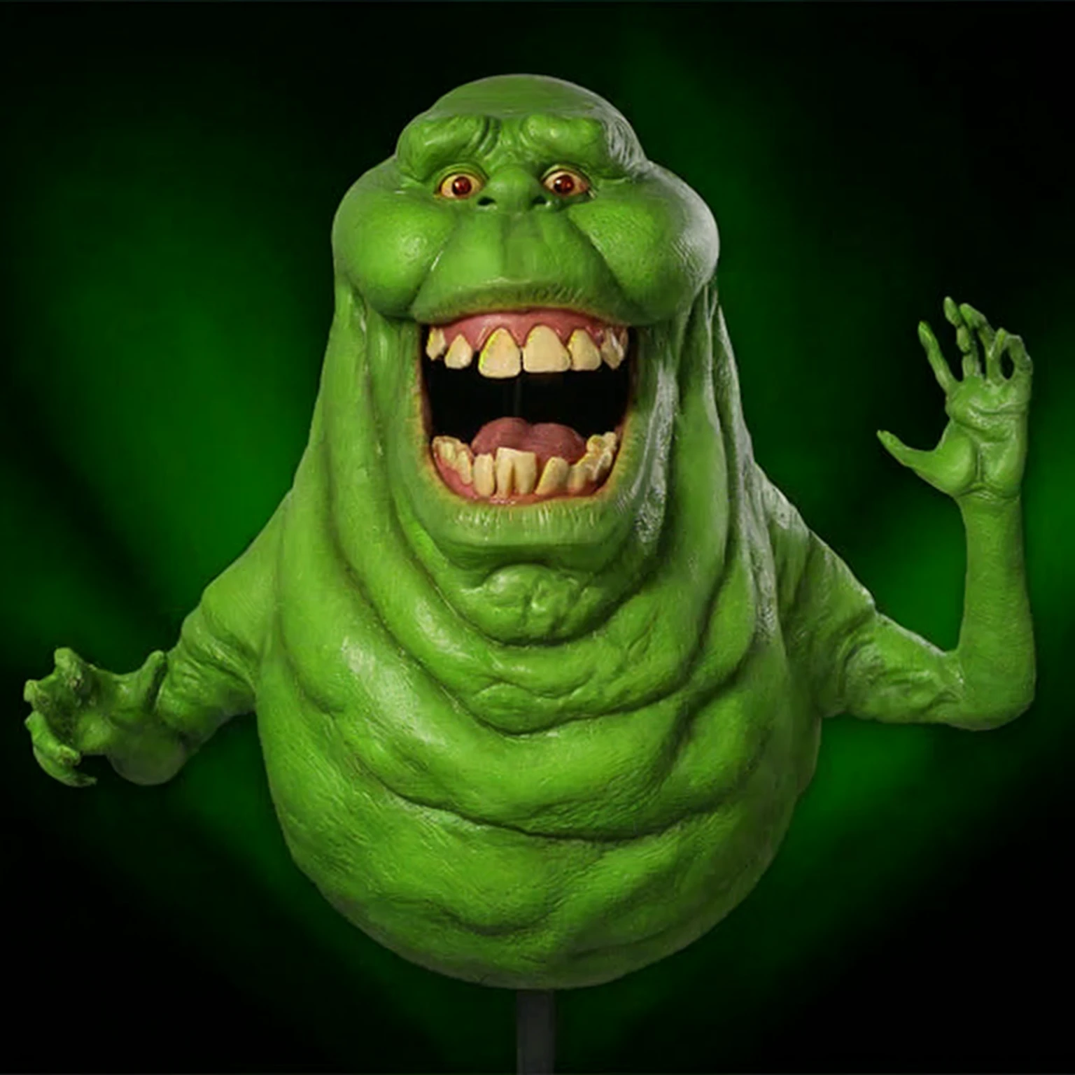 a close up of a green creature with a big smile on its face, thinner, Ghostbusters, 90s CGI,