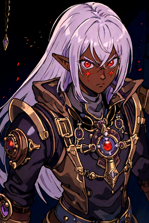 ((best quality)), ((masterpiece)), (detailed), ((boy)), ((mix between dungeonpunk and steampunk armor)), (serious), fantasy illustration, dark skinned, human, upper body, portrait, red eyes, long white hair, (wearing armor), Xemnas from Kingdom Hearts, half-drow, pointy ears, serious face, dramatic lighting, purple hue, art by Kinema Citrus and Tetsuya Nomura