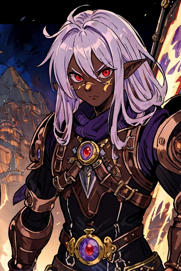 ((best quality)), ((masterpiece)), (detailed), ((boy)), ((mix between dungeonpunk and steampunk armor)), (serious), fantasy illustration, dark skinned, human, upper body, portrait, red eyes, long white hair, (wearing armor), Xemnas from Kingdom Hearts, half-drow, pointy ears, serious face, dramatic lighting, purple hue, art by Kinema Citrus and Tetsuya Nomura