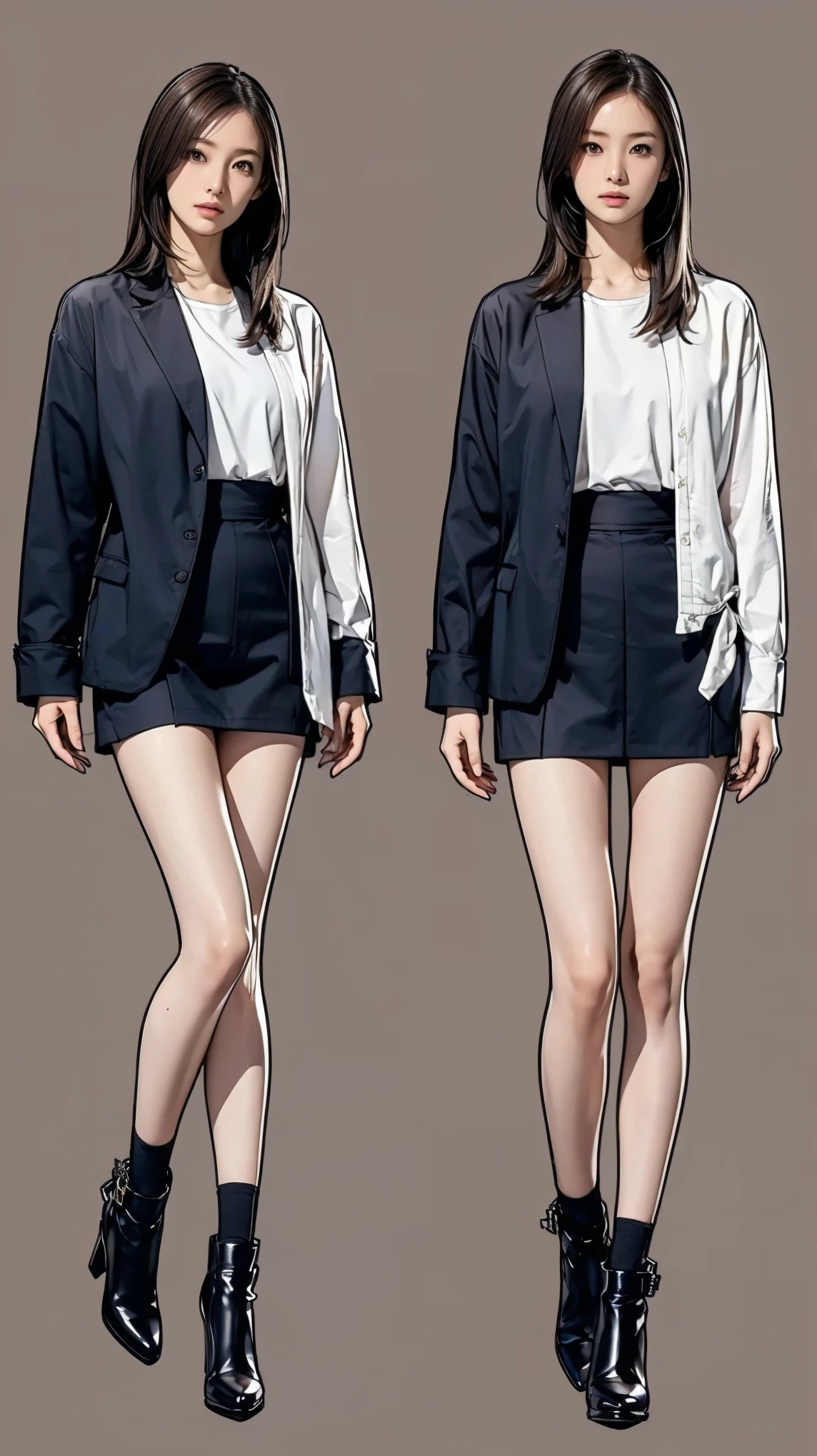((masterpiece)),(((Highest quality))),((Character design sheet)),Thin thighs,Long legs,Wearing a black jacket and white shirt、Japanese women leaving the nest，Emi with long black hair:1.3), (Light brown hair:1.3), high waist，Wear black high heels，background is gray，whole body