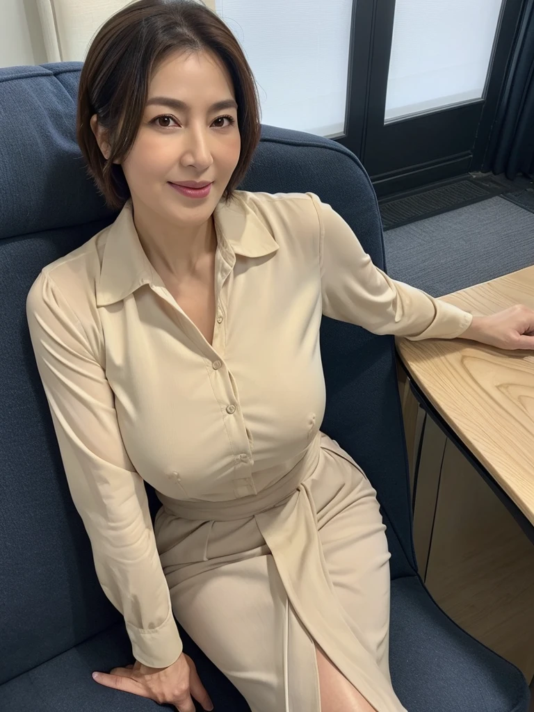 最high quality, 8K, Vibrant, Sharp focus, high quality, High resolution, (Middle-aged women), (49 years old), ((Wrinkles around the eyes)), ((wrinkles around the mouth)), (whole body), (Very slim and delicate body), Thin and beautiful legs, Thighs, High heels, Highly detailed eyes, Thick lips, Plump face, Shirt with ons and collar, Long skirt, Short Hair, A kind smile, Big aggy breasts:1.2), Epples, Leaningard, o