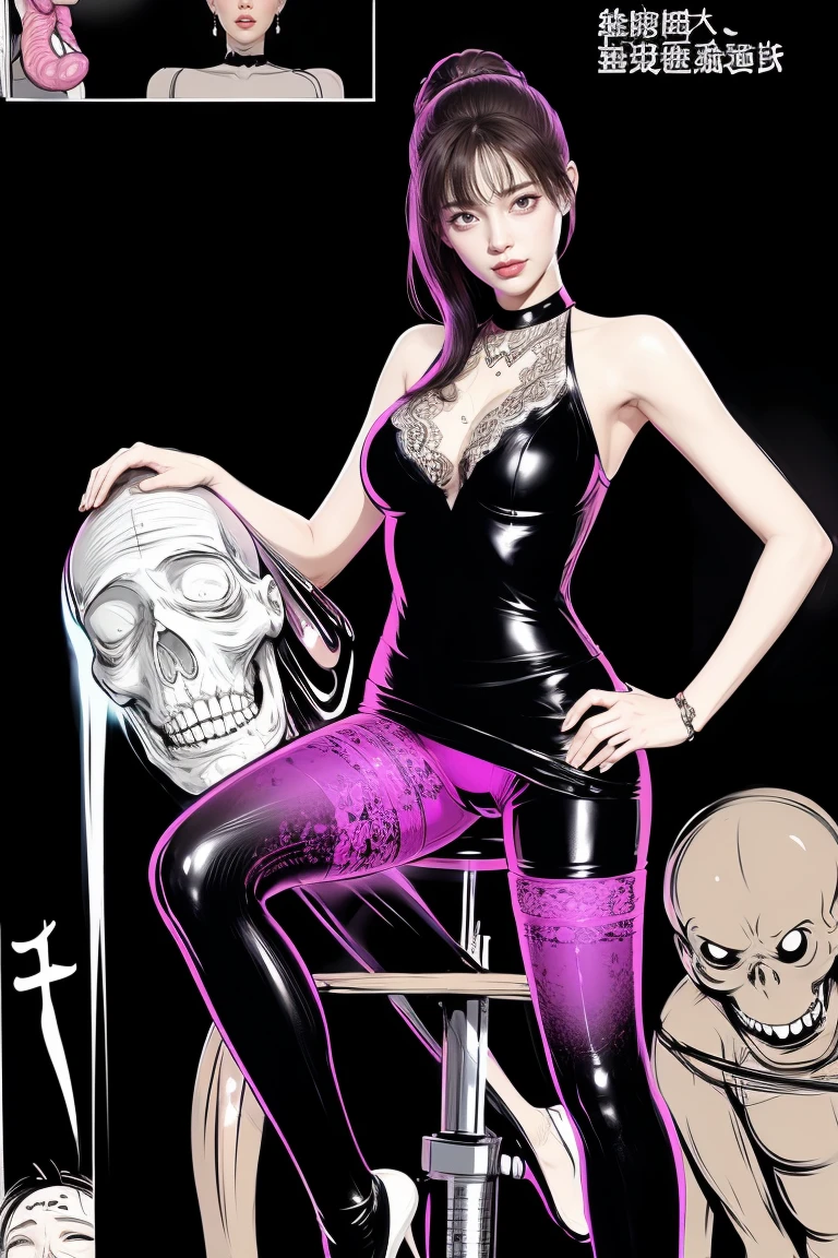 The beautiful girl in lace top and leggings is sitting astride a pile of skeletons in the center of the picture. She is holding a trembling sausage with juice squeezed out in her hand and smiling. There are multiple comic storyboards in the background，cbt, sausage bondage,sausage insertion,Sexy, trampling sausage with high heels heel,(masterpiece, best quality:1.2)，1 beautiful girl,sexy，comic storyboard:2, leggings, sit astride, axially symmetrical:2, ,femdom，sounding，cbt，hold，smile，colorful，leggings，thin gap，cameltoe，insertion，trembling，juice，spray， Long hair,Lace top,Sexy, Shiny leggings, High heel，cleveage, trampling, in forest, saliva , Mucus，