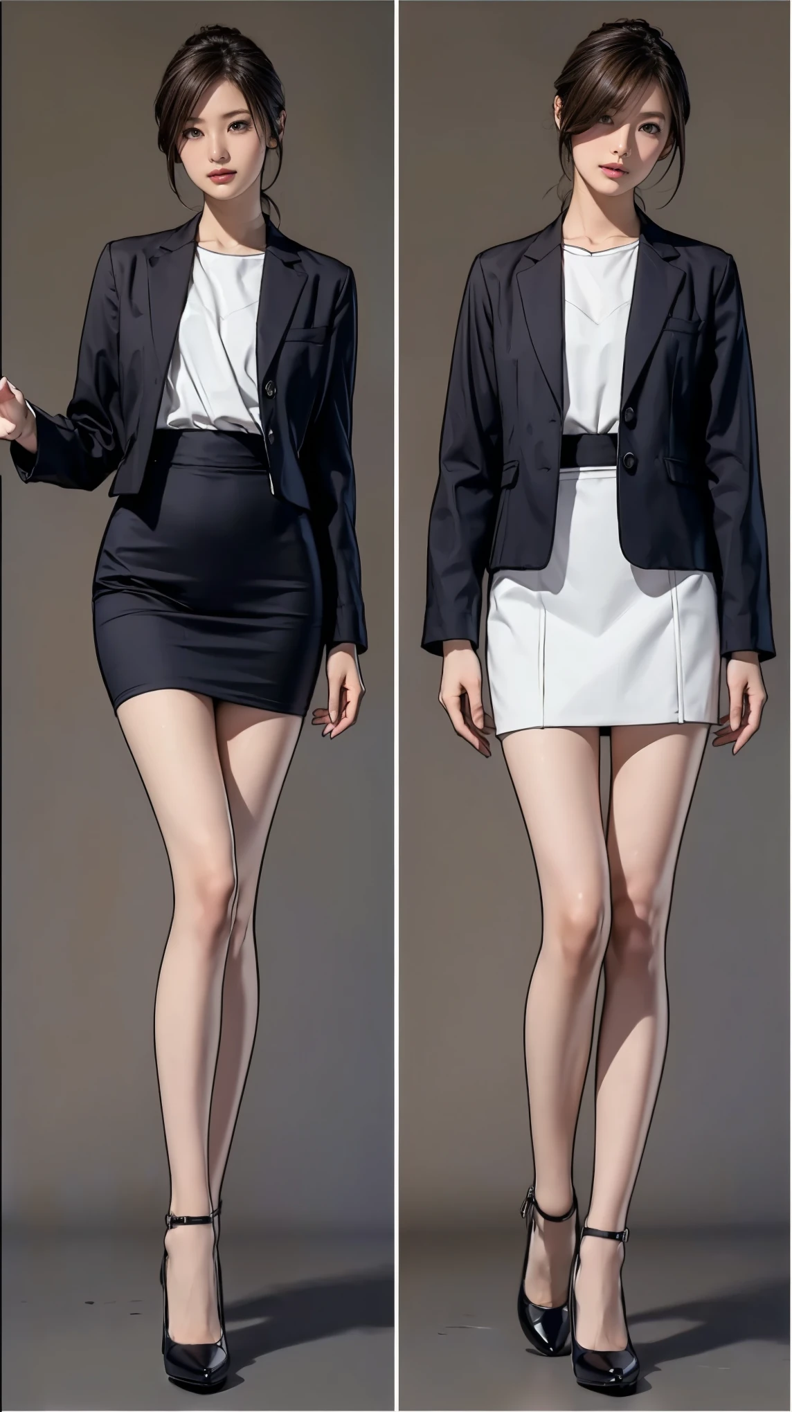 ((masterpiece)),(((Highest quality))),((Character design sheet)),Thin thighs,Long legs,Wearing a black jacket and white shirt、Japanese women leaving the nest,Emi with long black hair:1.3), (Light brown hair:1.3), high waist,Wear black high heels,background is gray,whole body