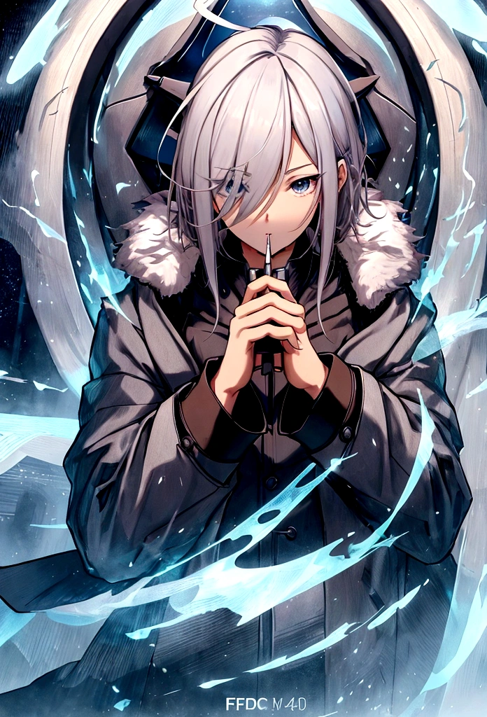 Futuristic, man, Mage, holding pencil, wearing an overcoat ,an anime face, high face definition , Ultra Hd, 4K, whole body, white hair, well defined hands, very detailed hands
