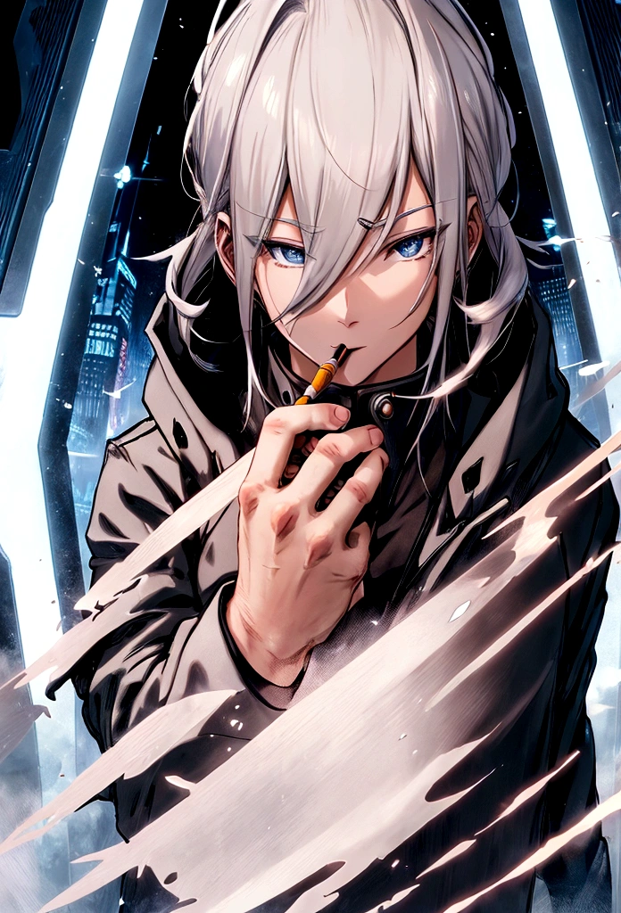 Futuristic, man, Mage, holding pencil, wearing an overcoat ,an anime face, high face definition , Ultra Hd, 4K, whole body, white hair, well defined hands, very detailed hands
