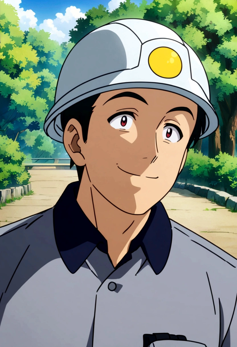 Smiling Japanese man wearing work clothes helmet, anime style