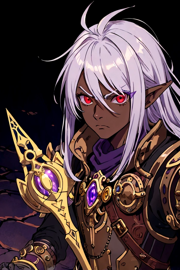 ((best quality)), ((masterpiece)), (detailed), ((boy)), ((mix between dungeonpunk and steampunk armor)), (serious), fantasy illustration, dark skinned, human, upper body, portrait, red eyes, long white hair, (wearing armor), Xemnas from Kingdom Hearts, half-drow, pointy ears, serious face, dramatic lighting, purple hue, art by Kinema Citrus and Tetsuya Nomura