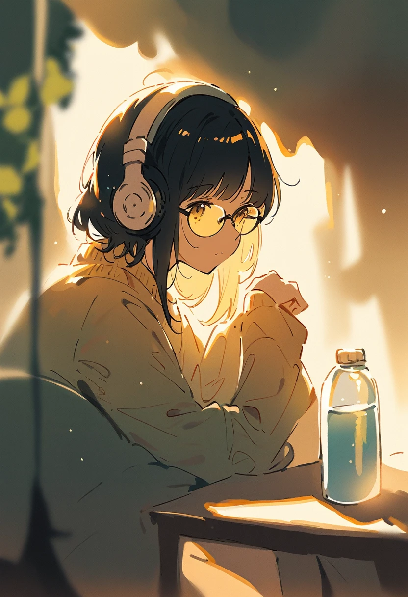 (blurry background:1.3), (extremely detailed fine touch:1.3), (hard light, studio light, light rays, dappled light, reflection, shadows, ray tracing:1.0), watercolor, (rough sketch:1.3), (2D:1.3), ///, kawaii girl, A girl with short black hair and a black cat looking out at the sea, (((yellow glasses:1.3))), underrim, (headphones:1.2), a drink in a plastic bottle, and the sea sparkling in the setting sun,
