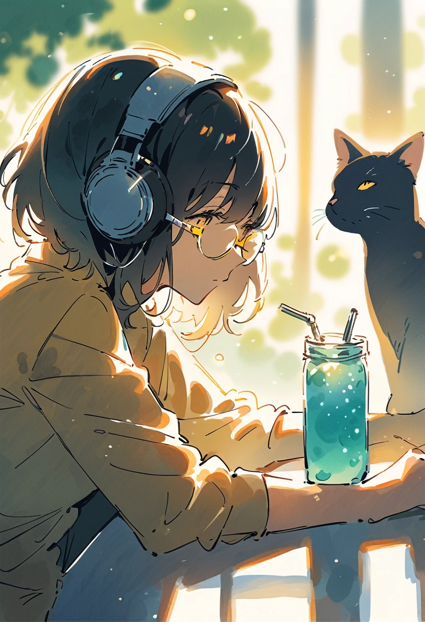 (blurry background:1.3), (extremely detailed fine touch:1.3), (hard light, studio light, light rays, dappled light, reflection, shadows, ray tracing:1.0), watercolor, (rough sketch:1.3), (2D:1.3), ///, kawaii girl, A girl with short black hair and a black cat looking out at the sea, (((yellow glasses:1.3))), underrim, (headphones:1.2), a drink in a plastic bottle, and the sea sparkling in the setting sun,