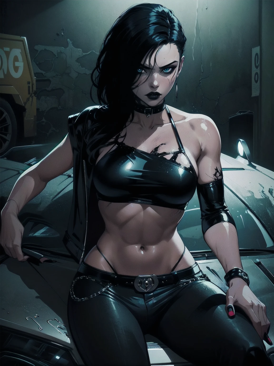 a woman with medium black hair, hair on shoulders,  wearing black pant, black jacket,  blue eyes, zombie art, gothic art, cute aesthetic with vibe, toon aesthetic, wearing gothic accessories, look like Cassie Hack, upper body, sitting on the car, garage background