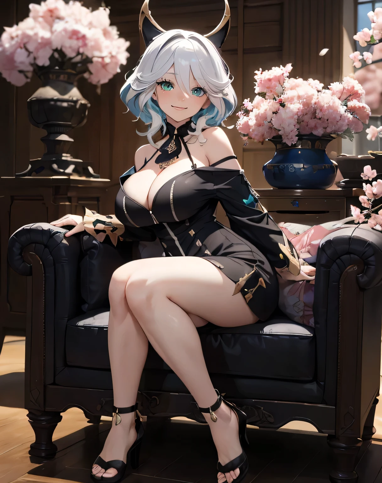 (((sexy off shoulder dress))), Masterpiece， The best quality at the best， 1girll， Furina， (((huge breasts)))，((bare shoulders))，（((((neckline)))))，（Closeup of upper body)，sexy，is shy，smile，with ， Long whitish hair， （green eyes:1.4)， forehead protection， the cherry trees，cherry blossoms flying, ((((busty figure)))), :1.1, :1.1, Ahegao:1.1,(Huge big ),Half zipper, showing her big tits, looking at the viewer, Beautiful eyes, sexy seductive smile, sensual beauty, GIRL sole, perfect tits